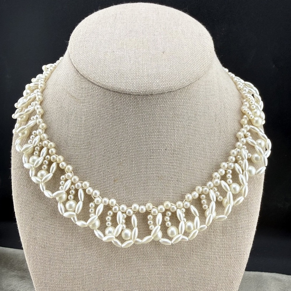 Vintage Statement Beaded Faux Pearl Necklace Fringe Delicate Dainty 17”